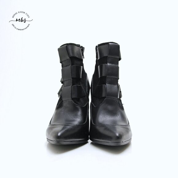 Texto Triple Buckles Leather Heeled Booties in Black Women Size 9 - Picture 7 of 15